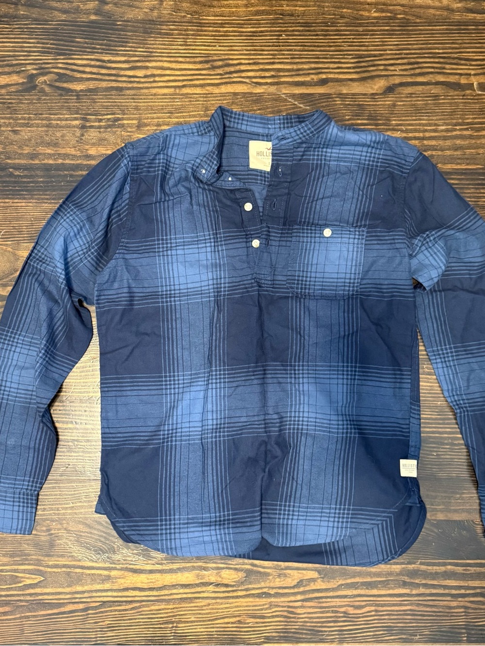 Hollister Navy and Light Blue Plaid Henley Shirt
